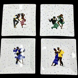 Ty Wilson 4 Luncheon Salad Plates African American Jazz Dancers 7" Square